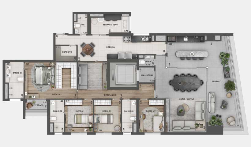 PLANTA TIPO DE 213 M² - 4 DORMS.- 2 SUÍTES